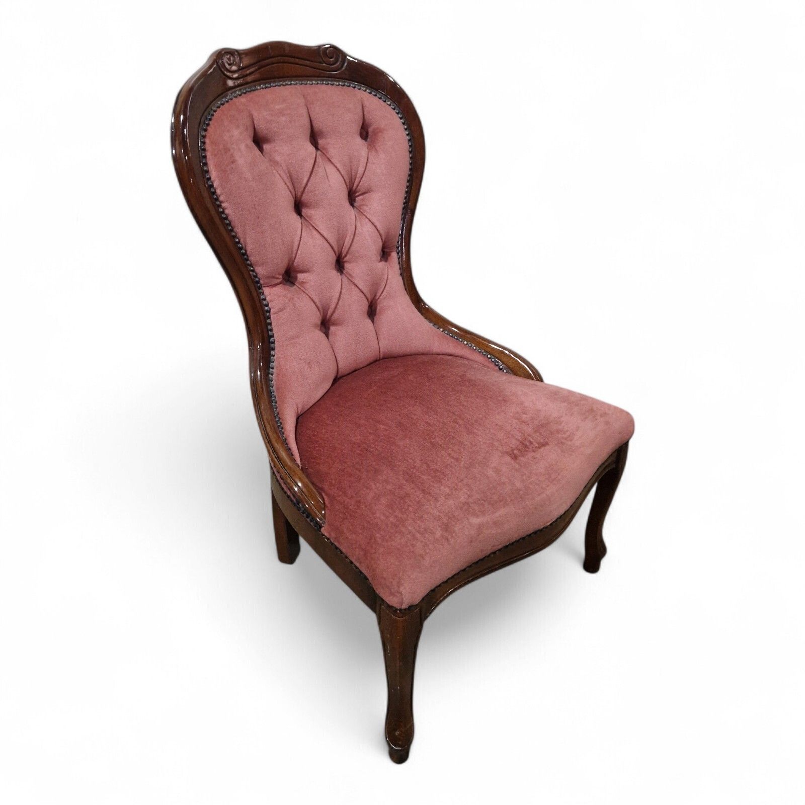 Furniture Victorian Style Nursing Chair Pink Button Back Bedroom Carved Accent Seat photo