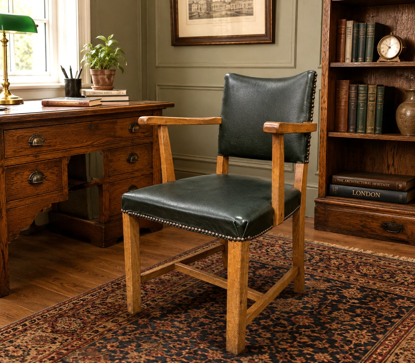 Vintage Oak Office Desk Chair Arts & Crafts Armchair Study Library Seat
