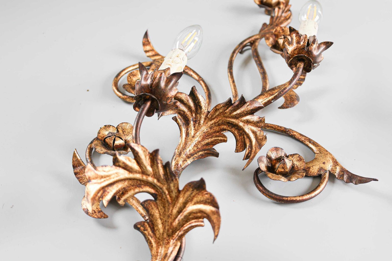 Pair Of Vintage Italian Gilt Metal Wall Sconces, Florentine Style, 1970s. photo buy