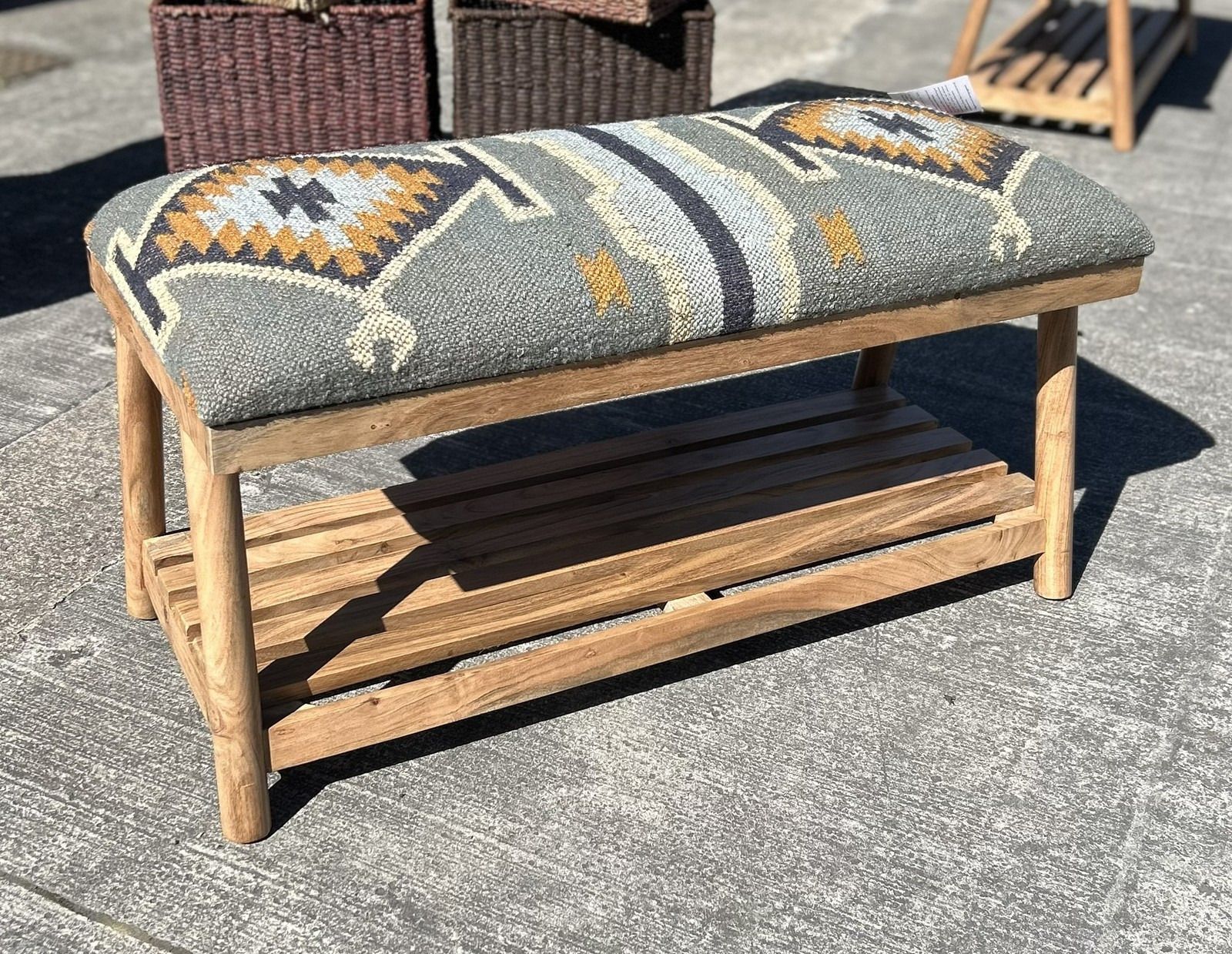 Beautiful Contemporary Kilim Kelem Flat Weave Upholstered Bench Seat With Rack photo for sale