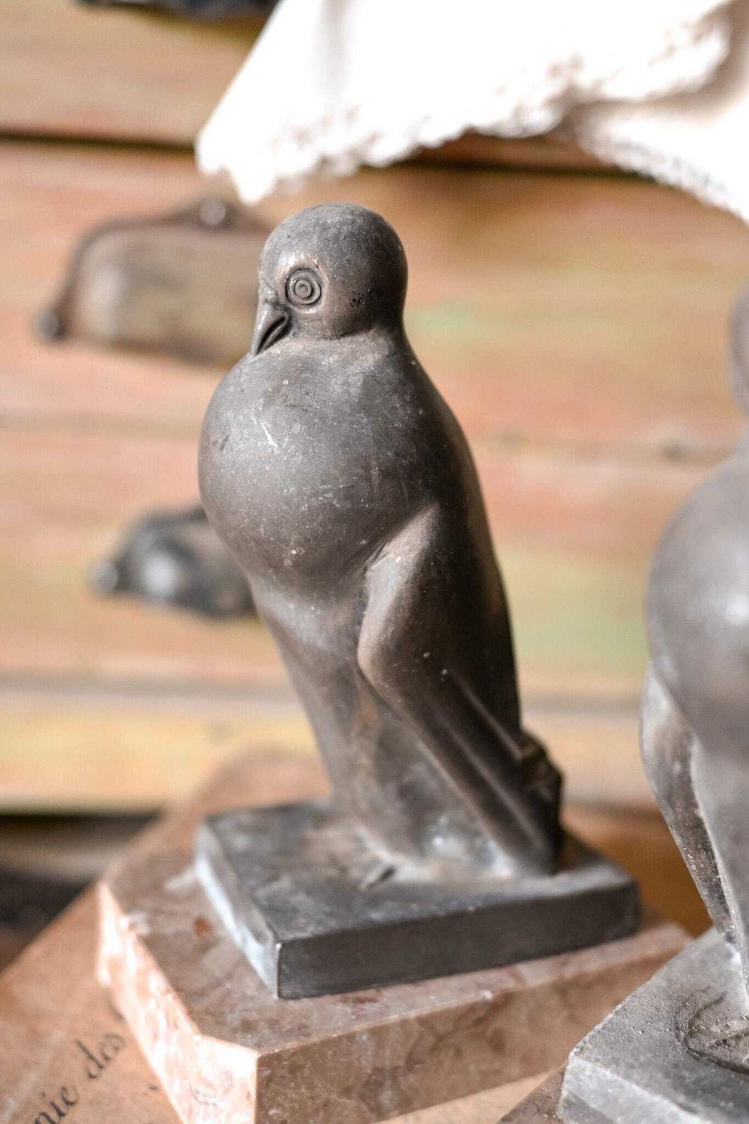 Art Deco Pigeon Bookends | Pair Spelter Bird Sculptures | Pink Marble Base | French 1930s | Desk Library Decor