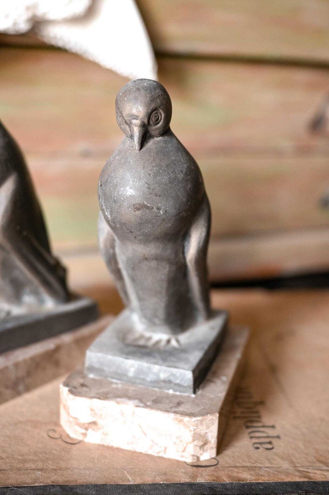 Art Deco Pigeon Bookends | Pair Spelter Bird Sculptures | Pink Marble Base | French 1930s | Desk Library Decor photo 170.0
