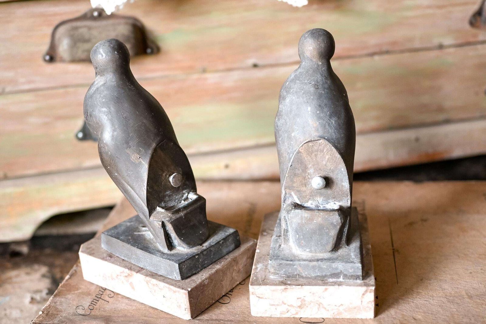 Art Deco Pigeon Bookends | Pair Spelter Bird Sculptures | Pink Marble Base | French 1930s | Desk Library Decor photo buy