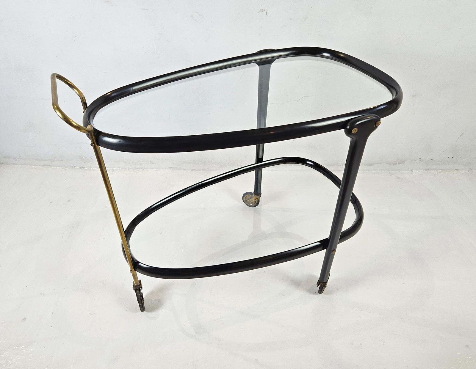 Midcentury Cesare Lacca Bar Cart, Stained Beech & Brass, Italy, 1950s photo Furniture