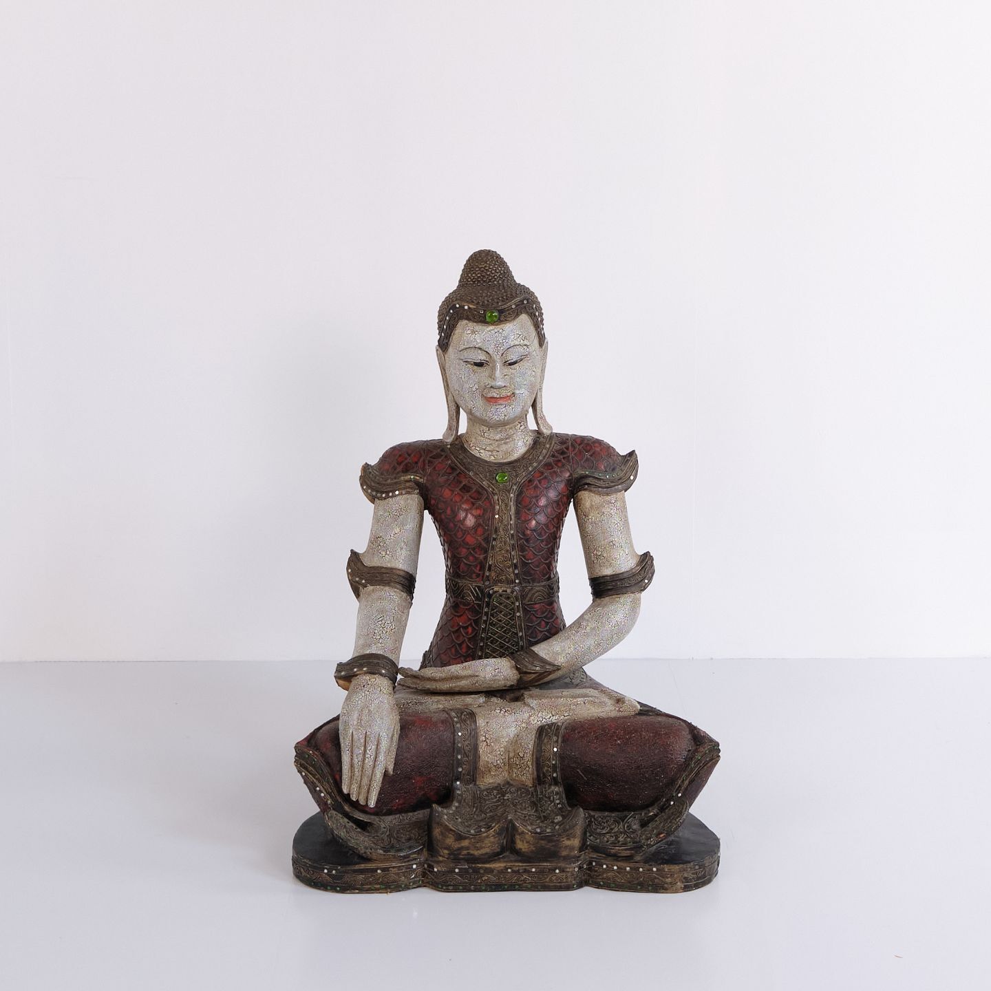 Buddha Figure In Carved Wood With Reddish Patina From Thailand, 1920s