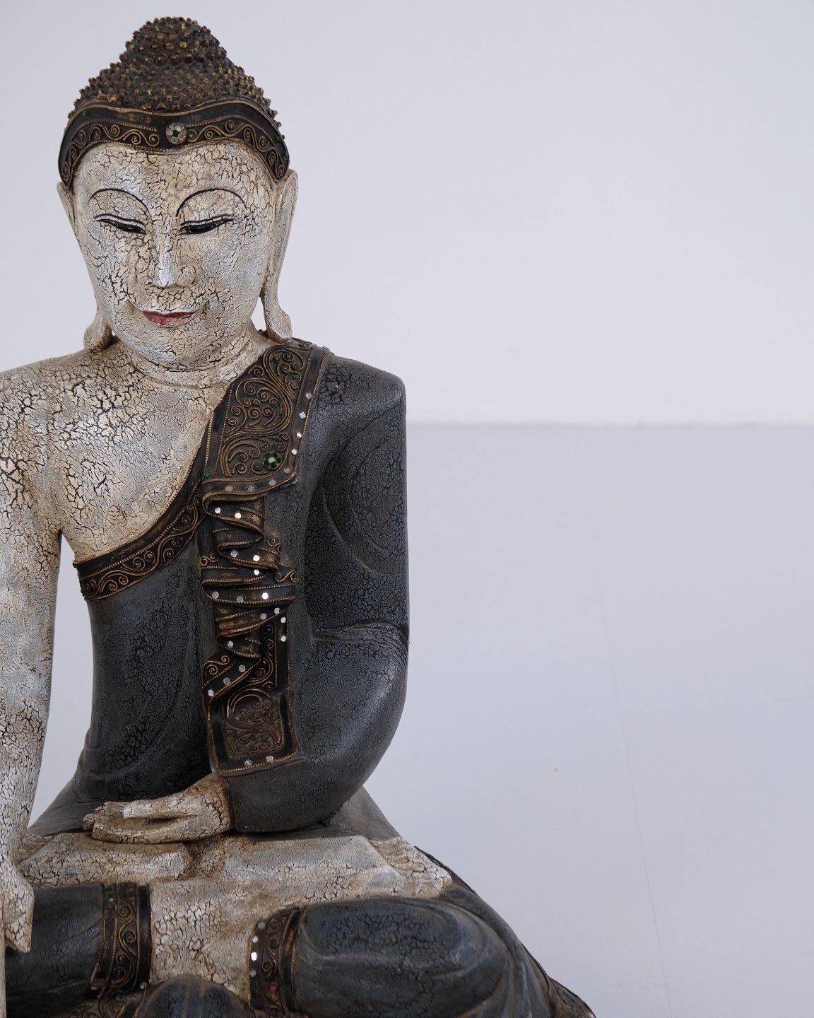 photo furniture Buddha Figure In Carved Wood With Light And Blue Toned Patina From Thailand, 1920s