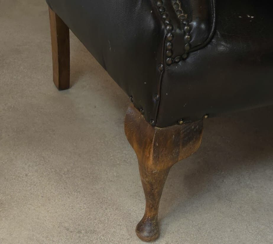 Vintage Queen Anne Style High Back Brown Leather Chesterfield Sofa photo vintage