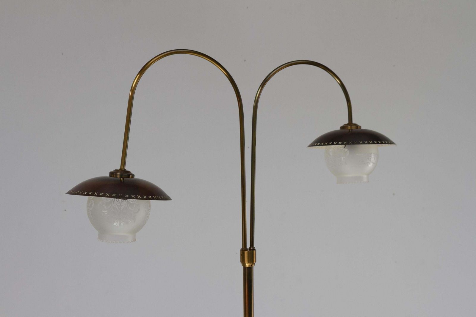 photo for sale Scandinavian Art Deco Floor Lamp In Brass And Glass, 1920s.