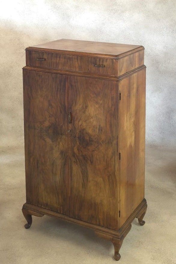 photo furniture Vintage Art Deco Burr Walnut Compactum Tallboy 1930s Linen Cabinet