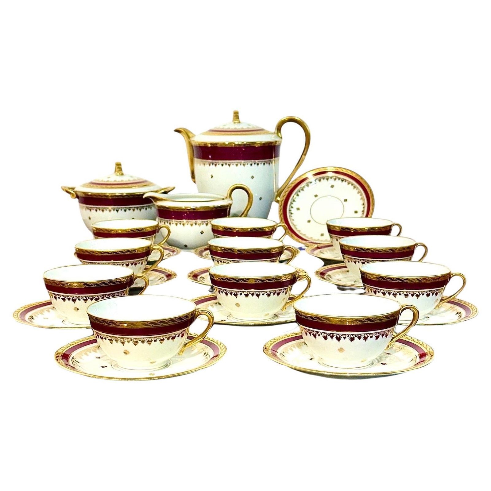 Limoges Unique Porcelain Tea Service, Burgundy & Gilt, 20th Century