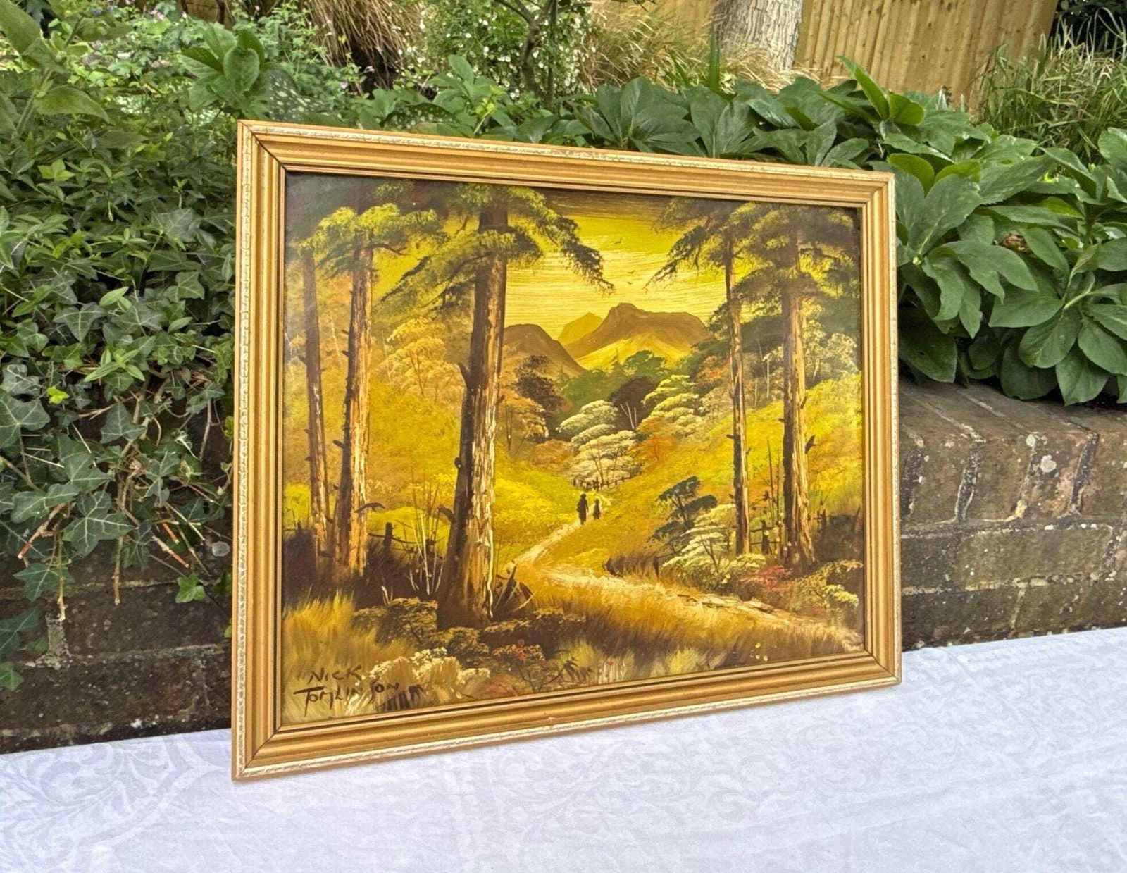 Vintage Original Oil Painting On Board By Nick Tomlinson, Woodland Landscape – Framed 1980s Wall Art