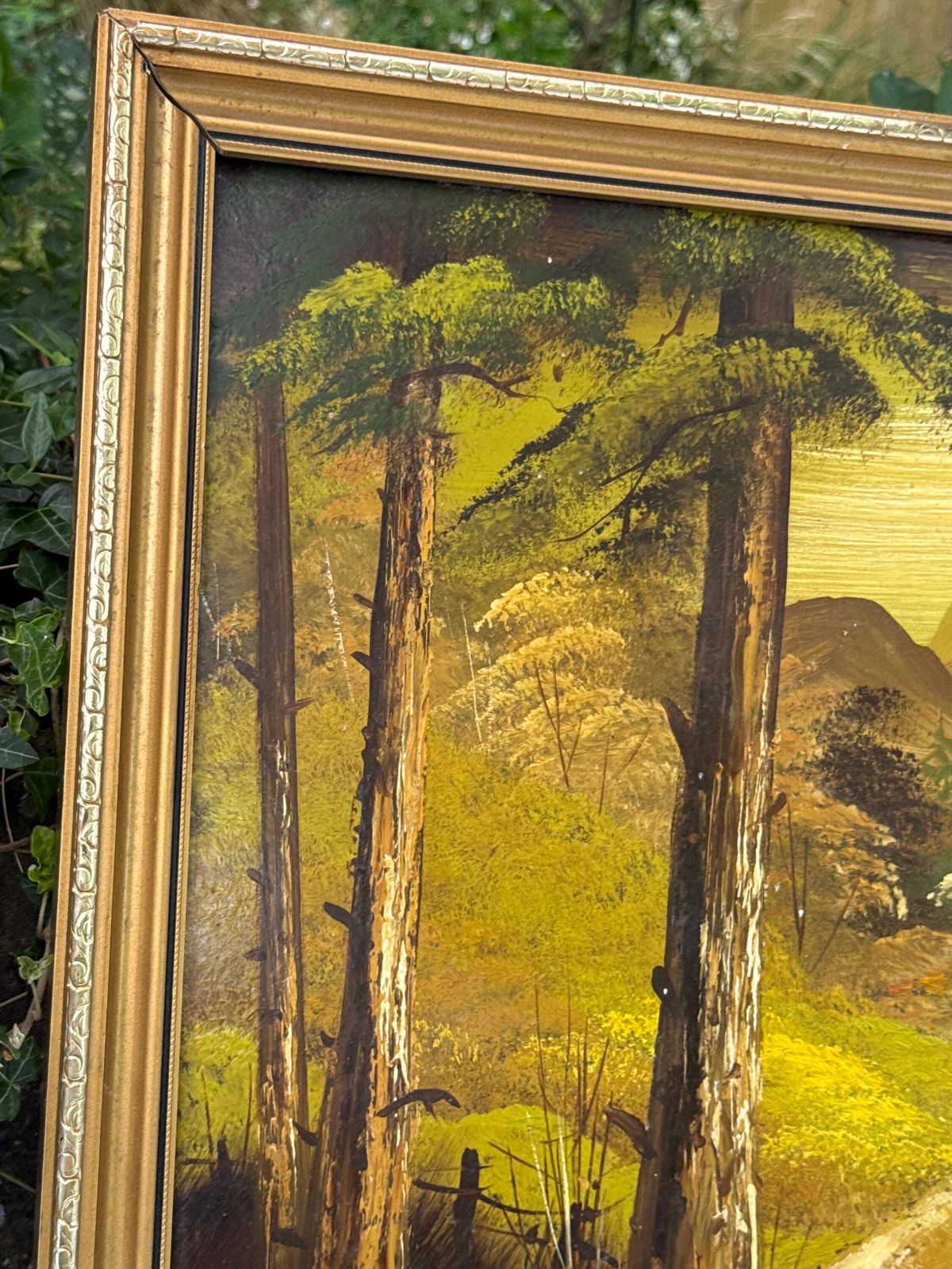 photo vintage Vintage Original Oil Painting On Board By Nick Tomlinson, Woodland Landscape – Framed 1980s Wall Art