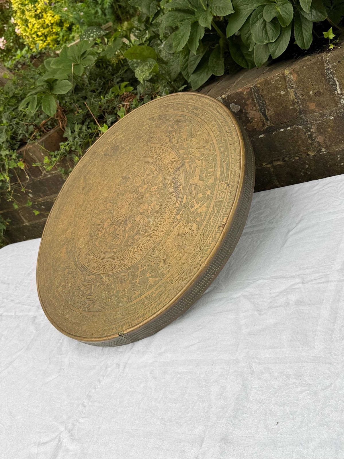 photo furniture Early 1900s Banaras Benares Engraved Brass Table Top Wall Plaque, Brass Wall Plate Or Brass Charger