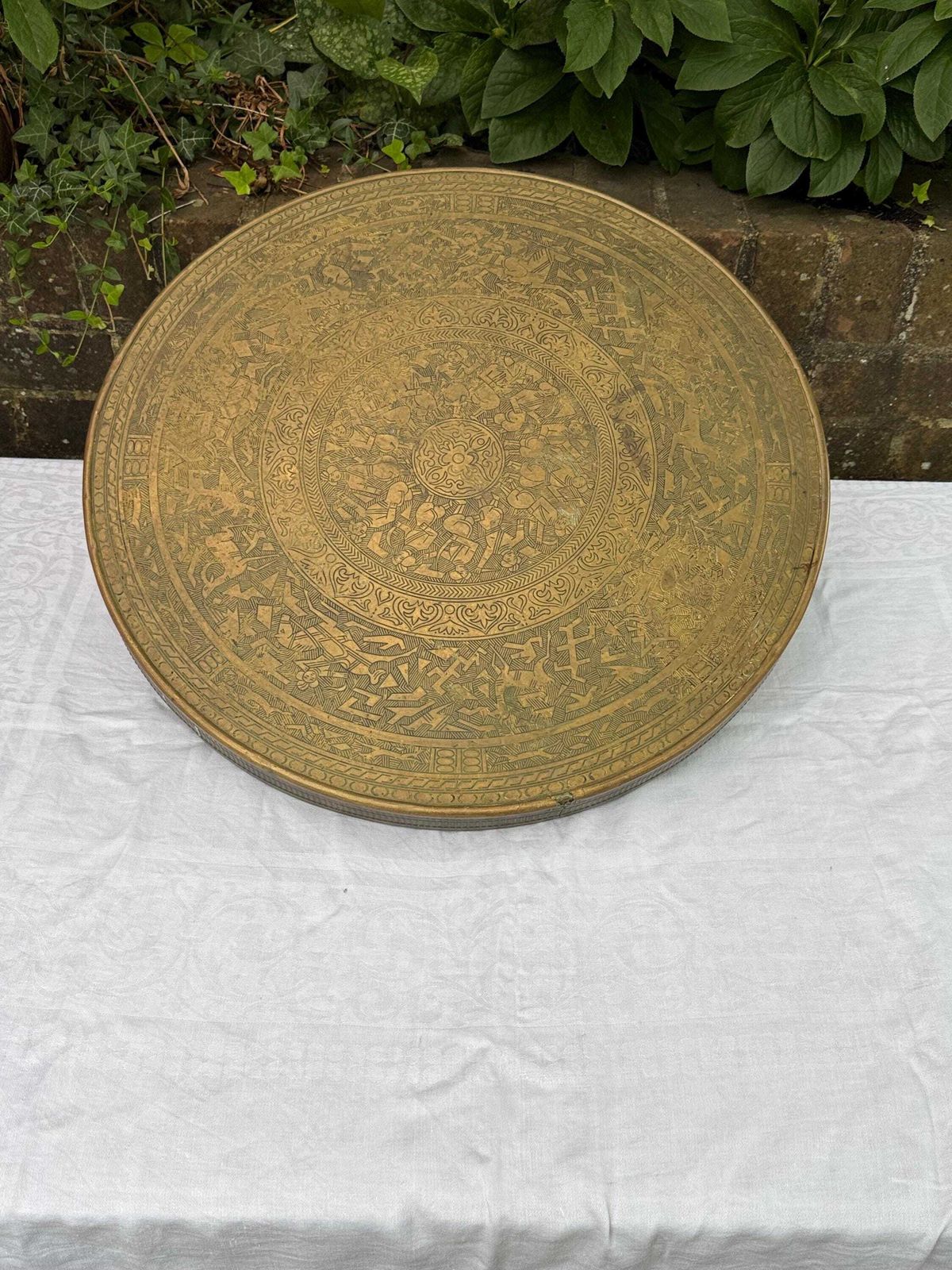 photo for sale Early 1900s Banaras Benares Engraved Brass Table Top Wall Plaque, Brass Wall Plate Or Brass Charger