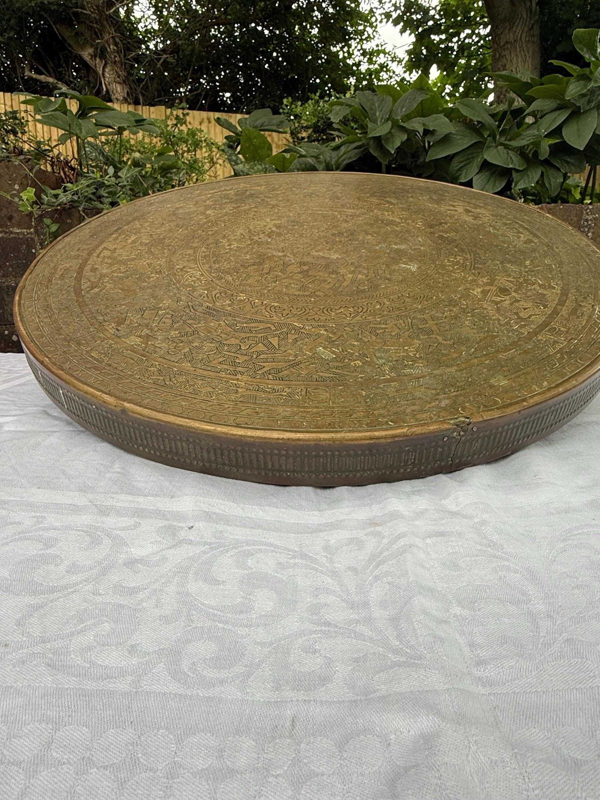175.0 Early 1900s Banaras Benares Engraved Brass Table Top Wall Plaque, Brass Wall Plate Or Brass Charger photo