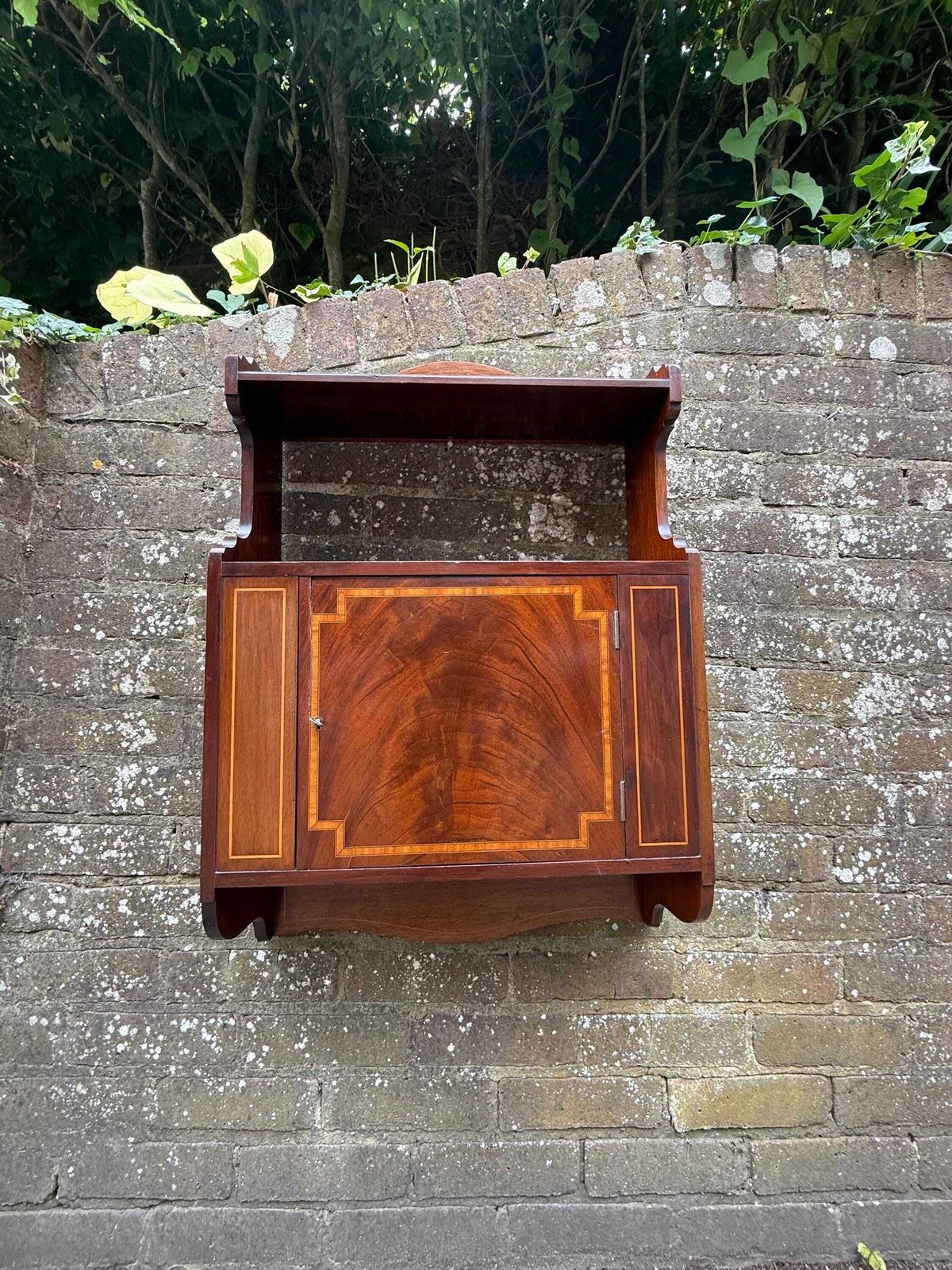 Superb Antique Mahogany Wall Hanging Cabinet With Inlaid Veneer And Working Lock photo 295.0