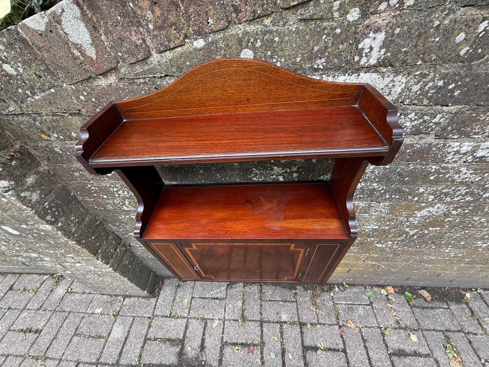 Superb Antique Mahogany Wall Hanging Cabinet With Inlaid Veneer And Working Lock photo vinterior
