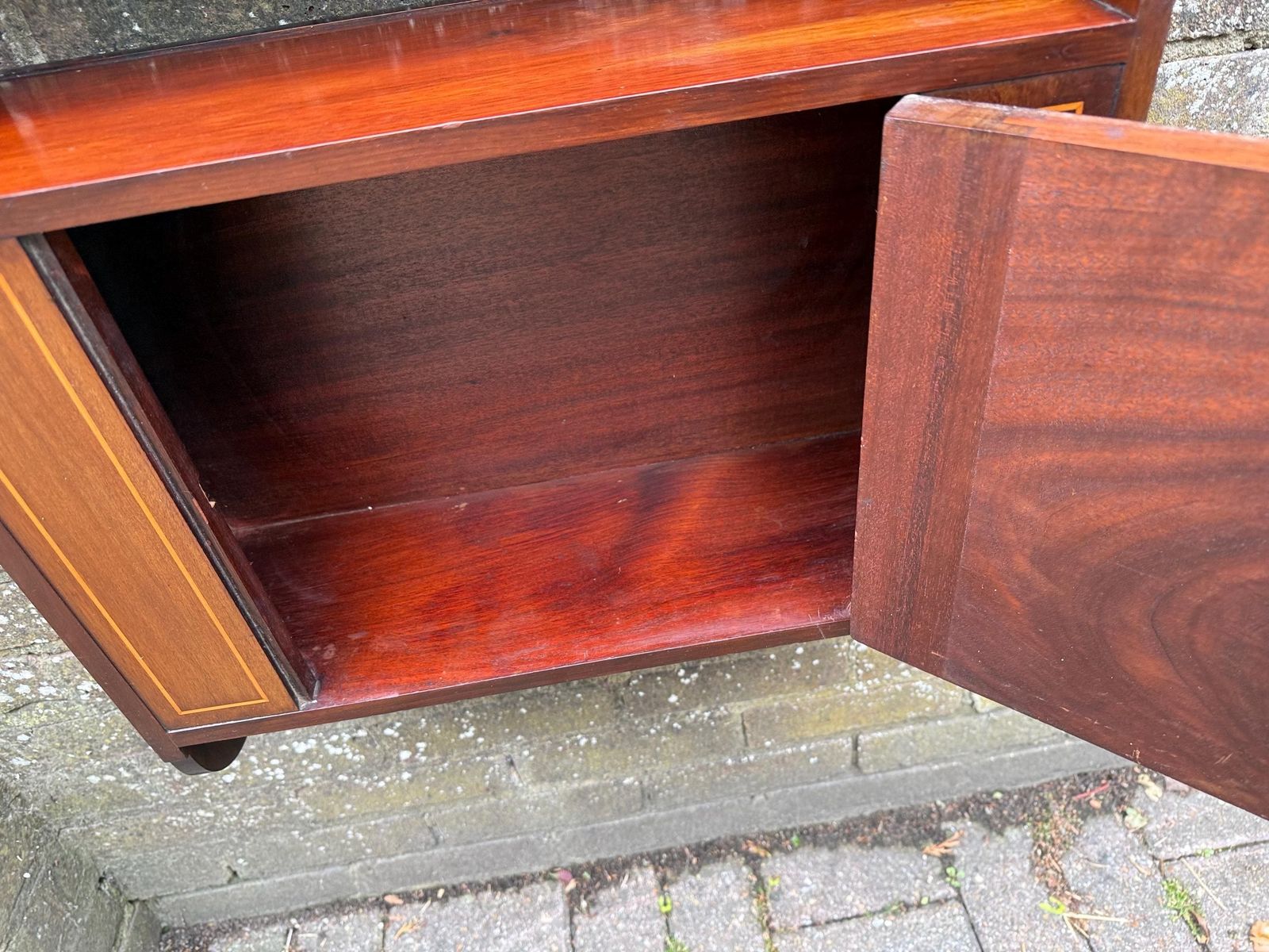 Furniture Superb Antique Mahogany Wall Hanging Cabinet With Inlaid Veneer And Working Lock photo