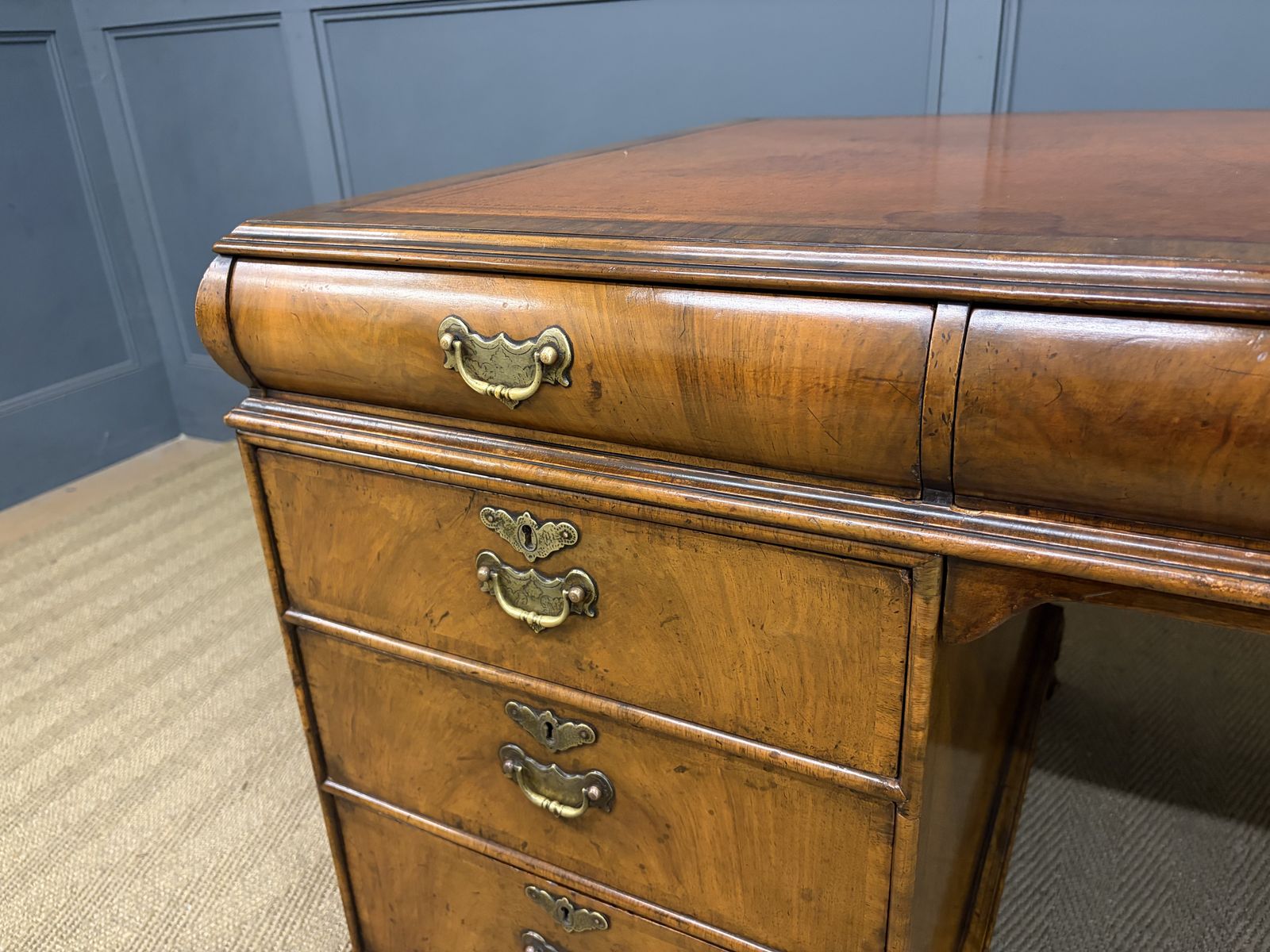 Burr Walnut Partners Pedestal Desk By Maple & Co. photo vintage