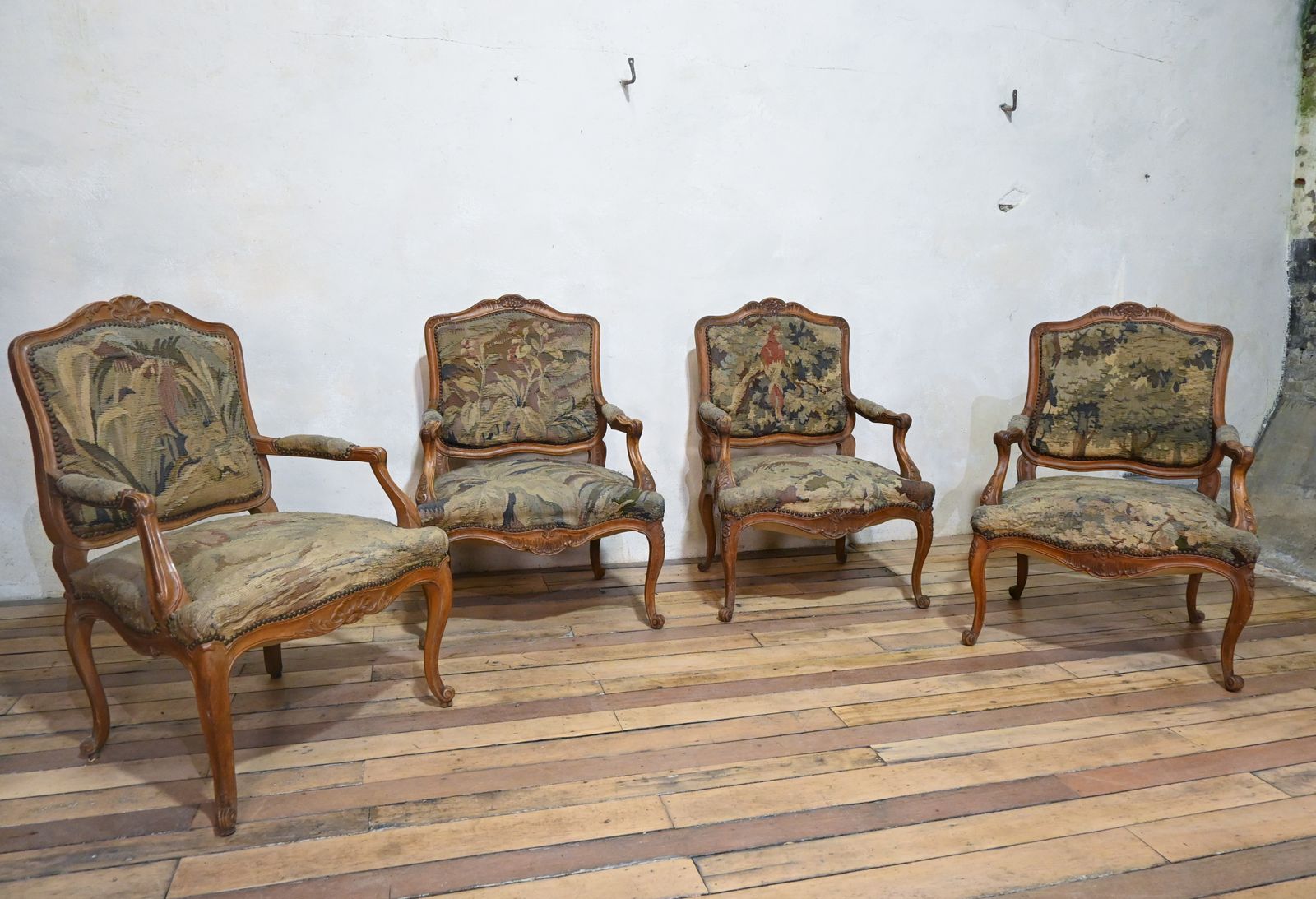 A Pair 19th Century French Louis XV Fauteuils Open Armchairs  Aubusson Tapestry photo for sale
