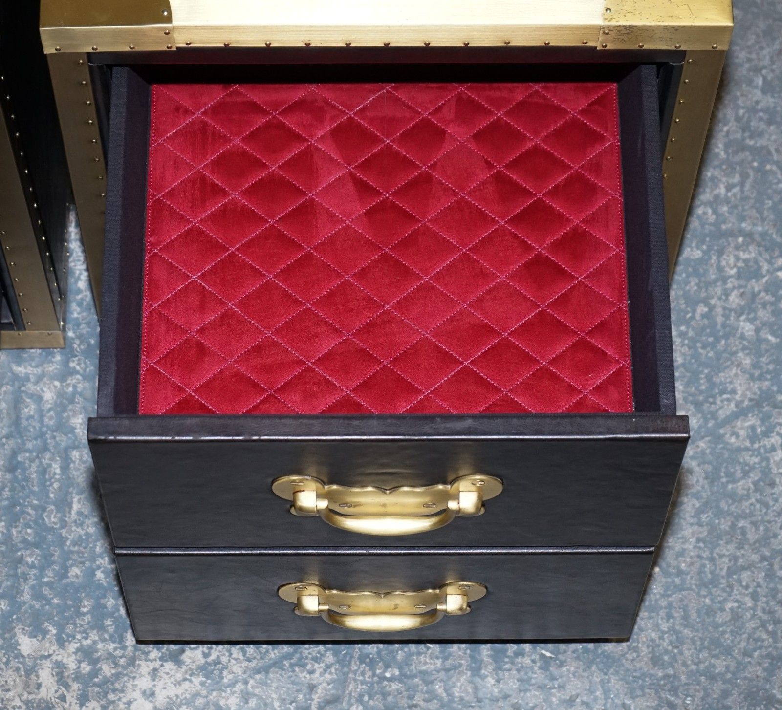photo vinterior Timothy Oulton Cumberland Collection Pair Bedside Nightstands Red Velvet Lining