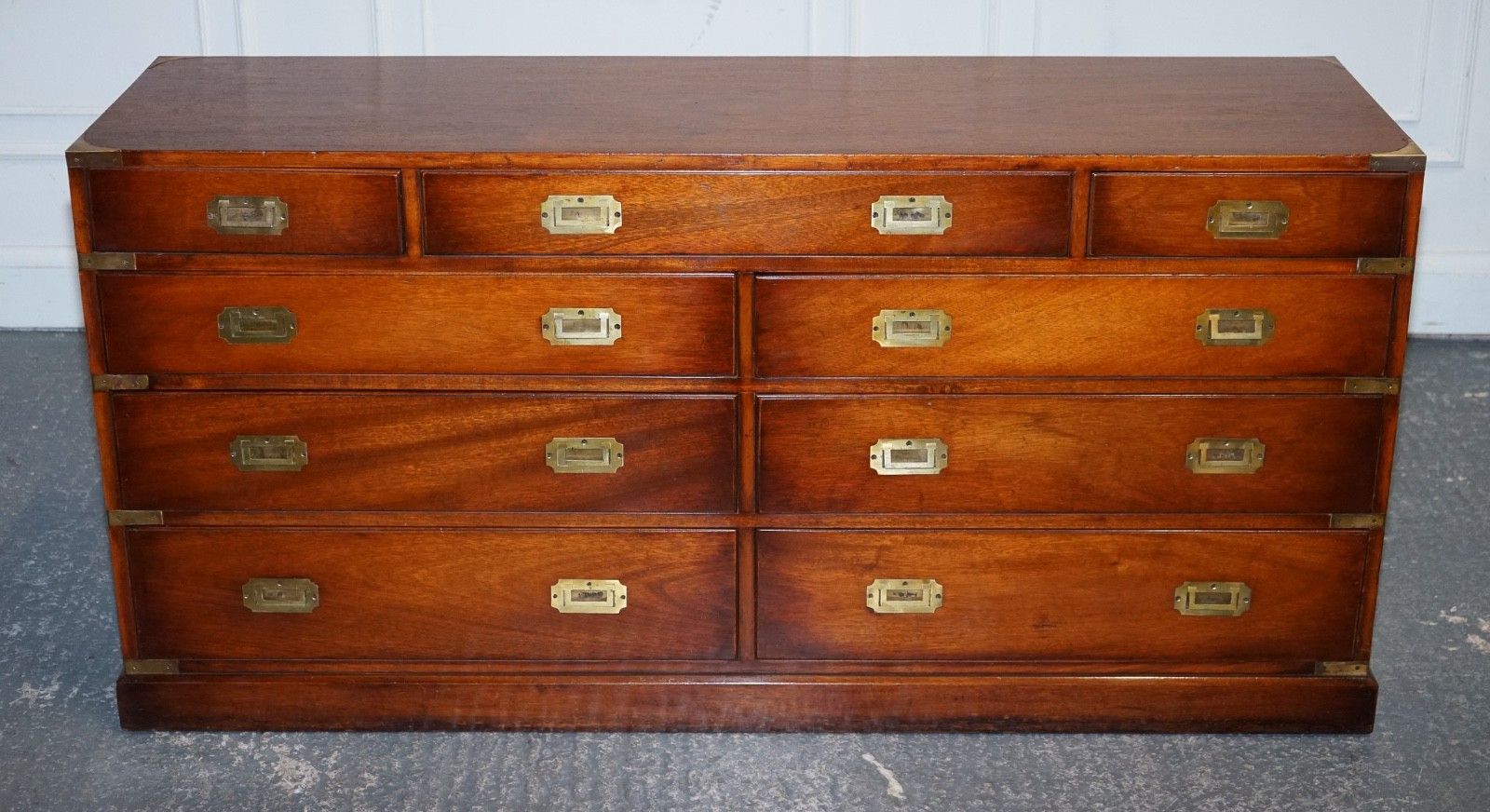Vintage Yew Wood Military Campaign Sideboard Bank Of Drawers With Brass Handles photo for sale
