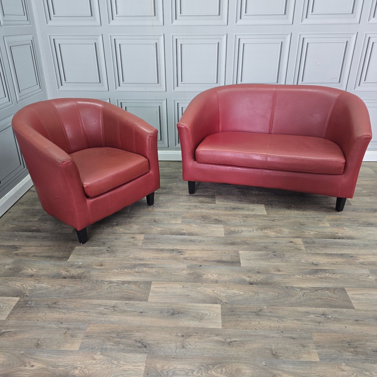 Vintage Tub Chair And Two Seater Sofa Red Vinyl Faux Leather Lounge Suite photo furniture