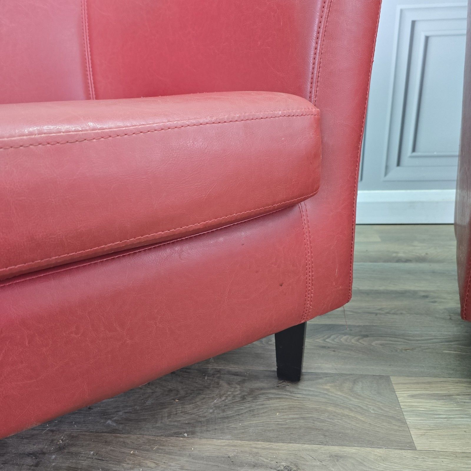 230.0 Vintage Tub Chair And Two Seater Sofa Red Vinyl Faux Leather Lounge Suite photo