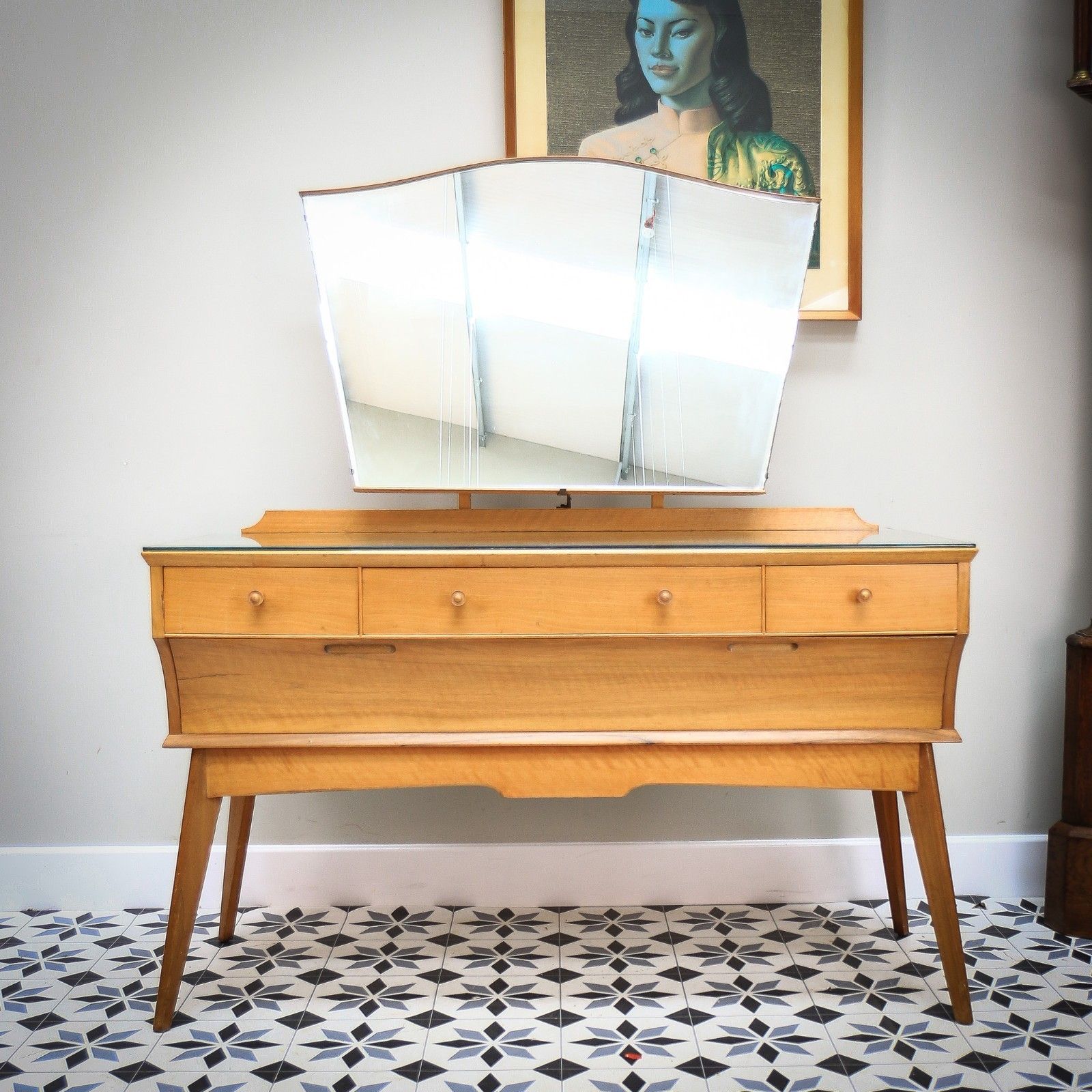 Alfred Cox Mid Century Dressing Table In Walnut 1960s With Three Mirrors photo furniture