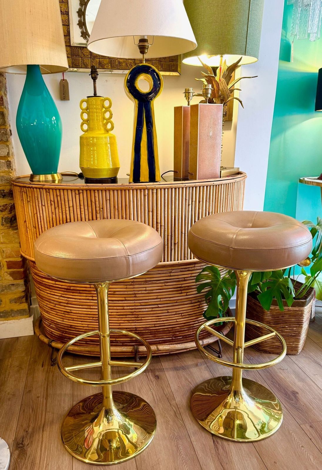A Pair Of 1970s Gilt Metal And Leather Bar Stools photo furniture
