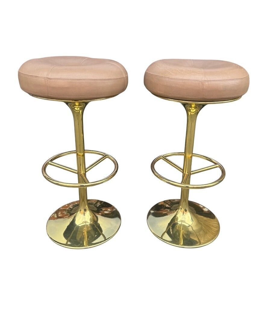 A Pair Of 1970s Gilt Metal And Leather Bar Stools photo vinterior