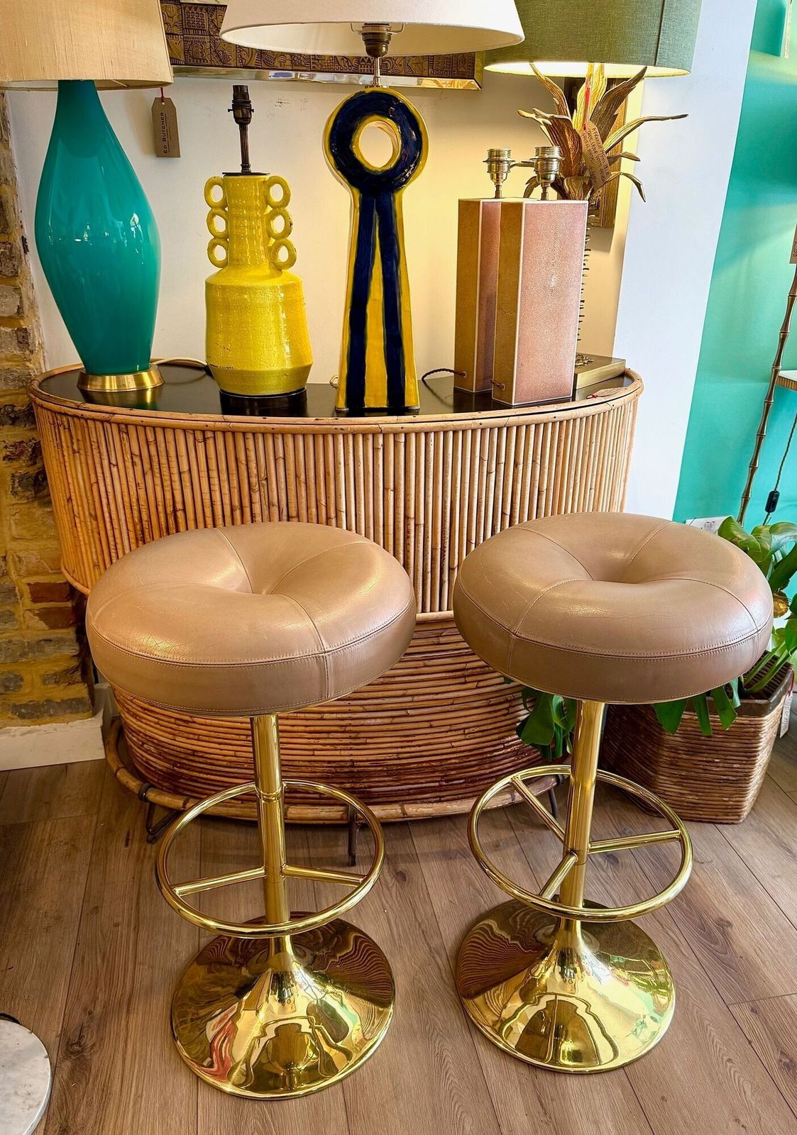 Furniture A Pair Of 1970s Gilt Metal And Leather Bar Stools photo