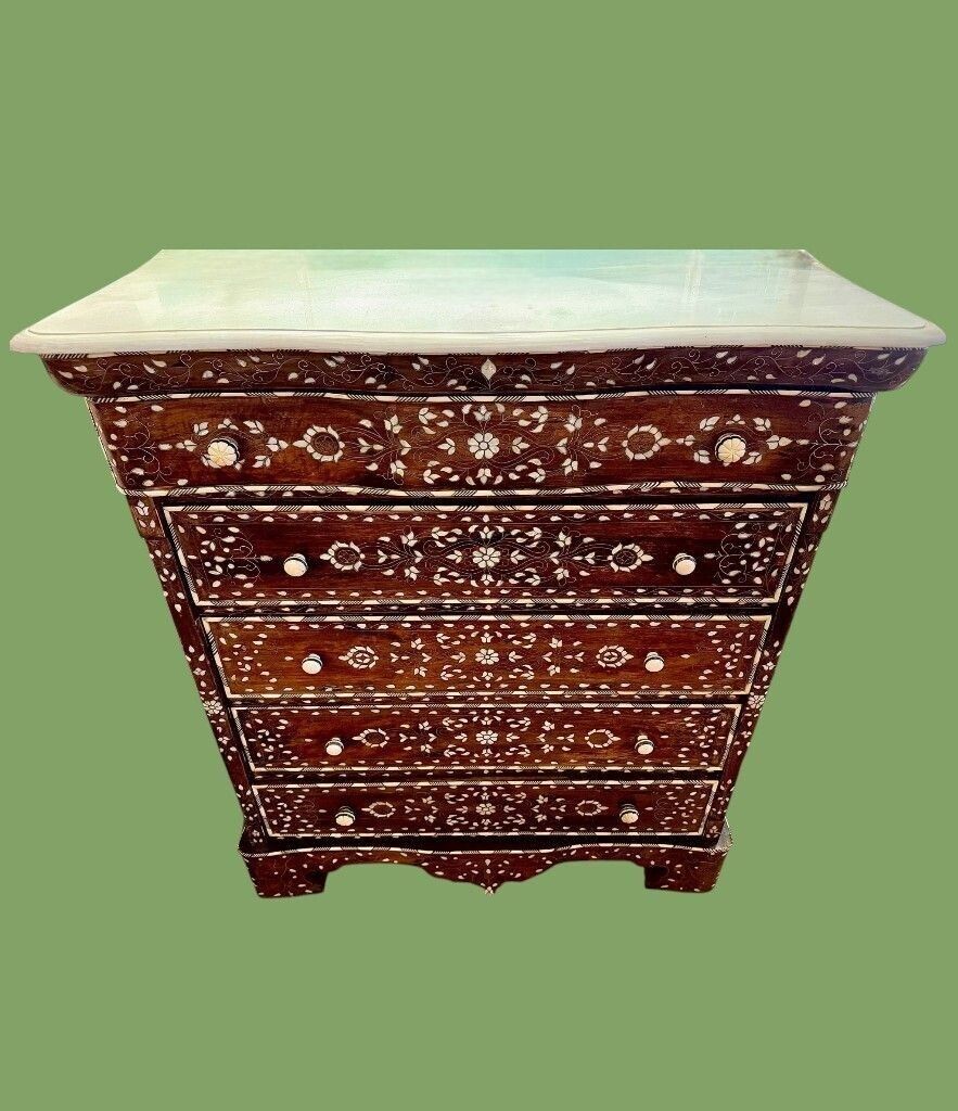 A Lovely Decorative Syrian Inlaid Five Drawer Commode With Serpentine Front And Carrera Marble Top photo Furniture