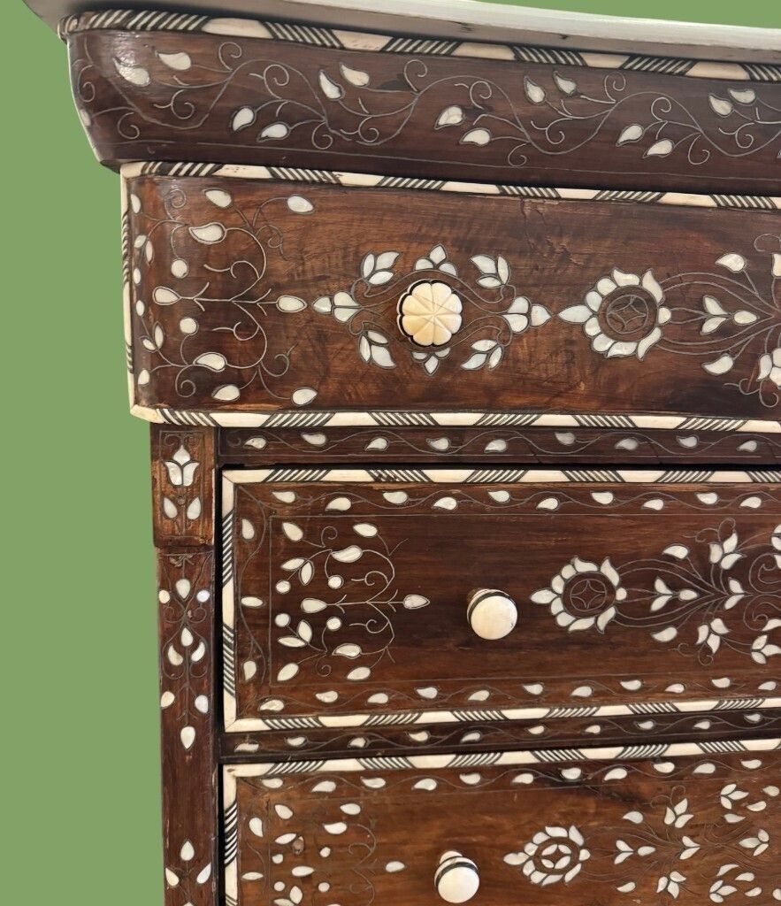 A Lovely Decorative Syrian Inlaid Five Drawer Commode With Serpentine Front And Carrera Marble Top photo vinterior