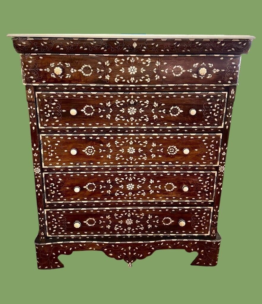 photo buy A Lovely Decorative Syrian Inlaid Five Drawer Commode With Serpentine Front And Carrera Marble Top