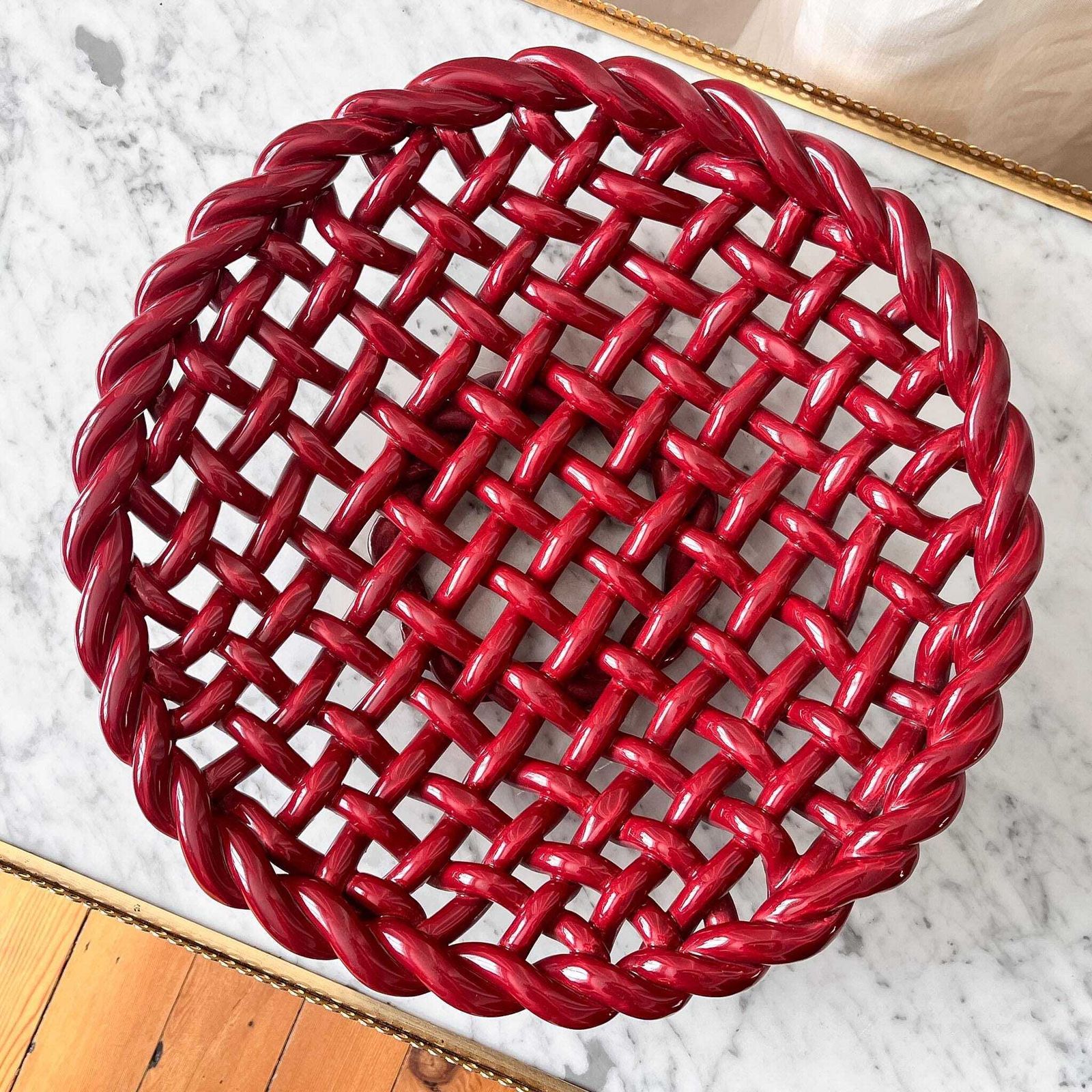 Large Vintage Red Glazed Ceramic Woven Bowl Attributed To Vallauris.