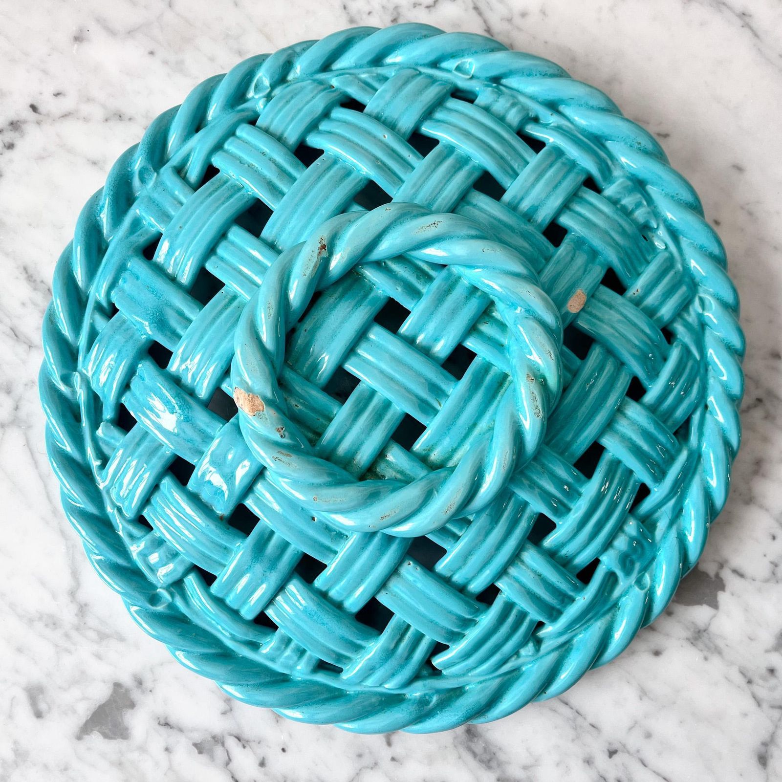 Vintage Blue Glazed Ceramic Woven Bowl. photo buy