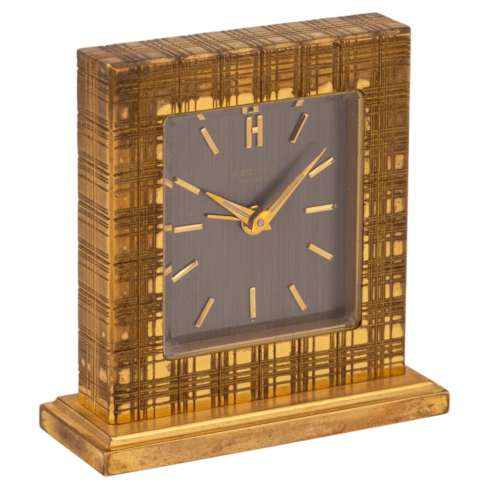 Vintage 20thc Hermès Gilt Brass Swiss Made Desk Clock C.1960