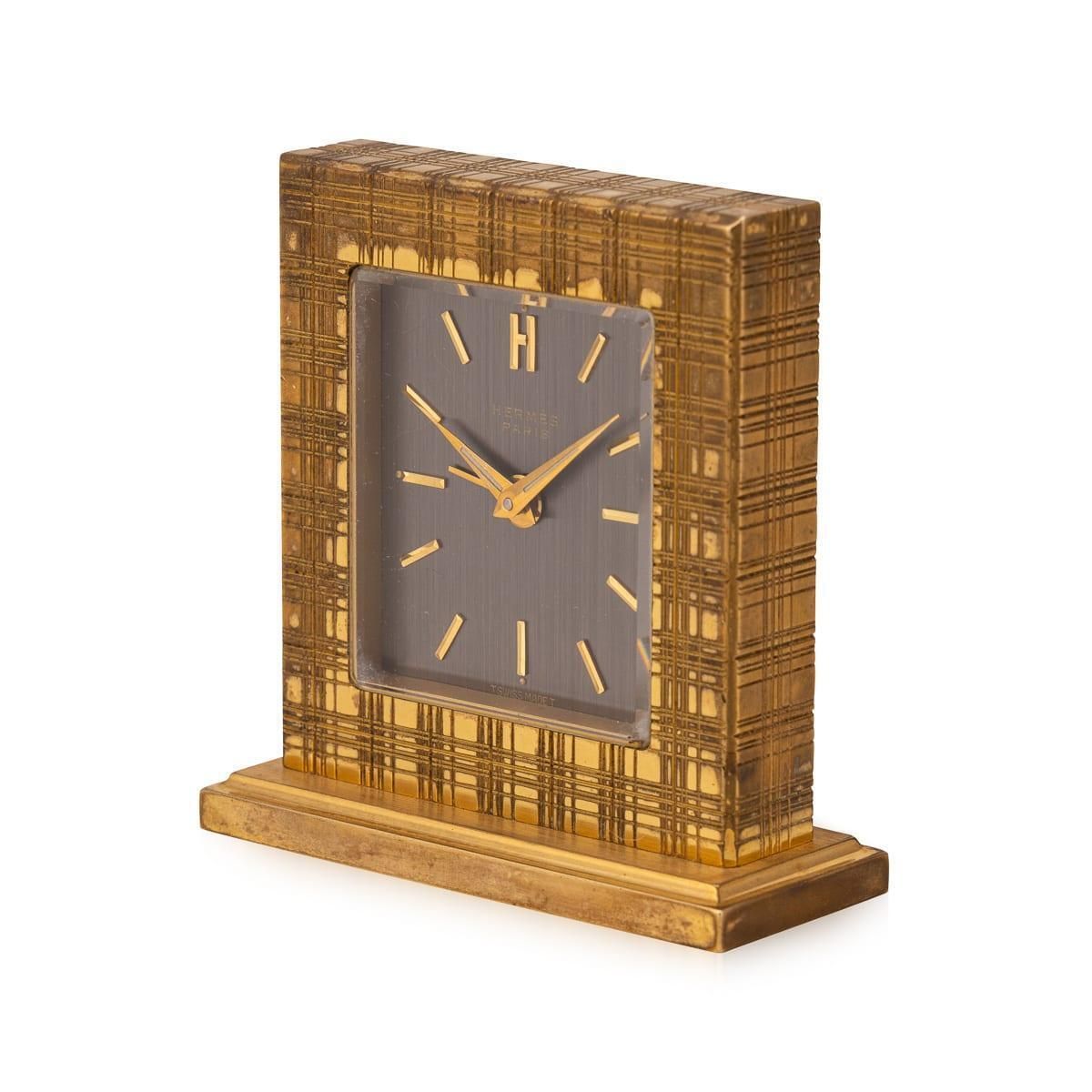 Vintage 20thc Hermès Gilt Brass Swiss Made Desk Clock C.1960 photo Home Decor