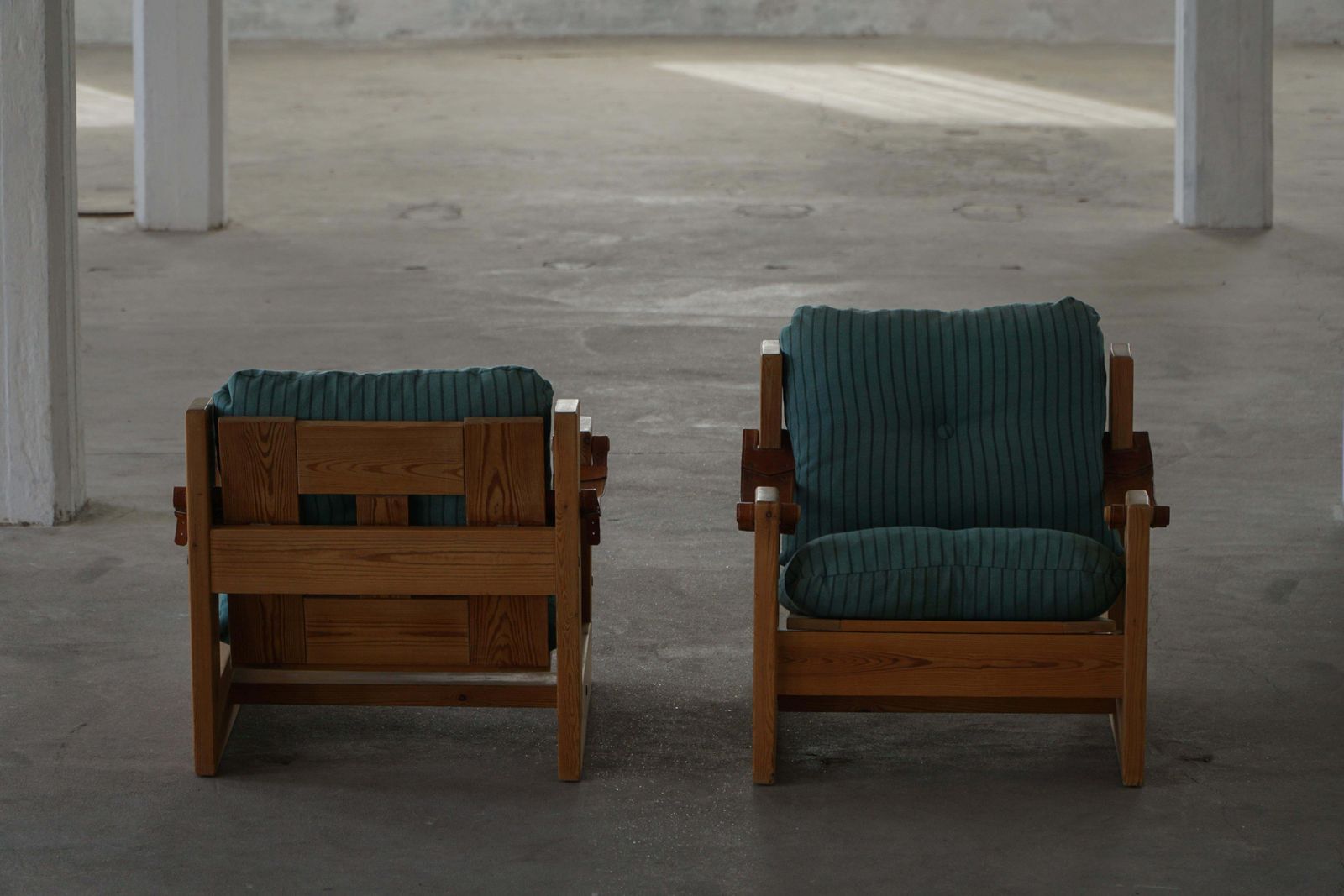 photo buy Pair Of Swedish Modern Pine Lounge Chairs With Leather Armrests, 1970s