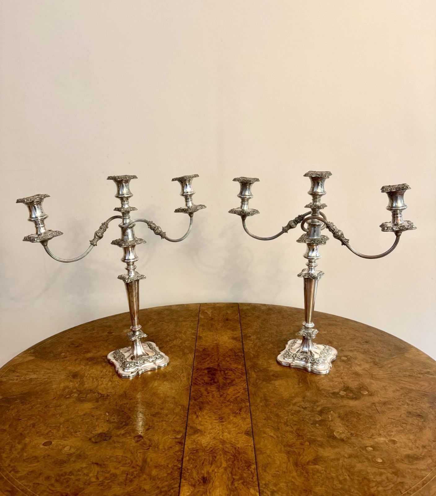 Outstanding Quality Pair Of Antique Ornate Silver Plated Candelabras