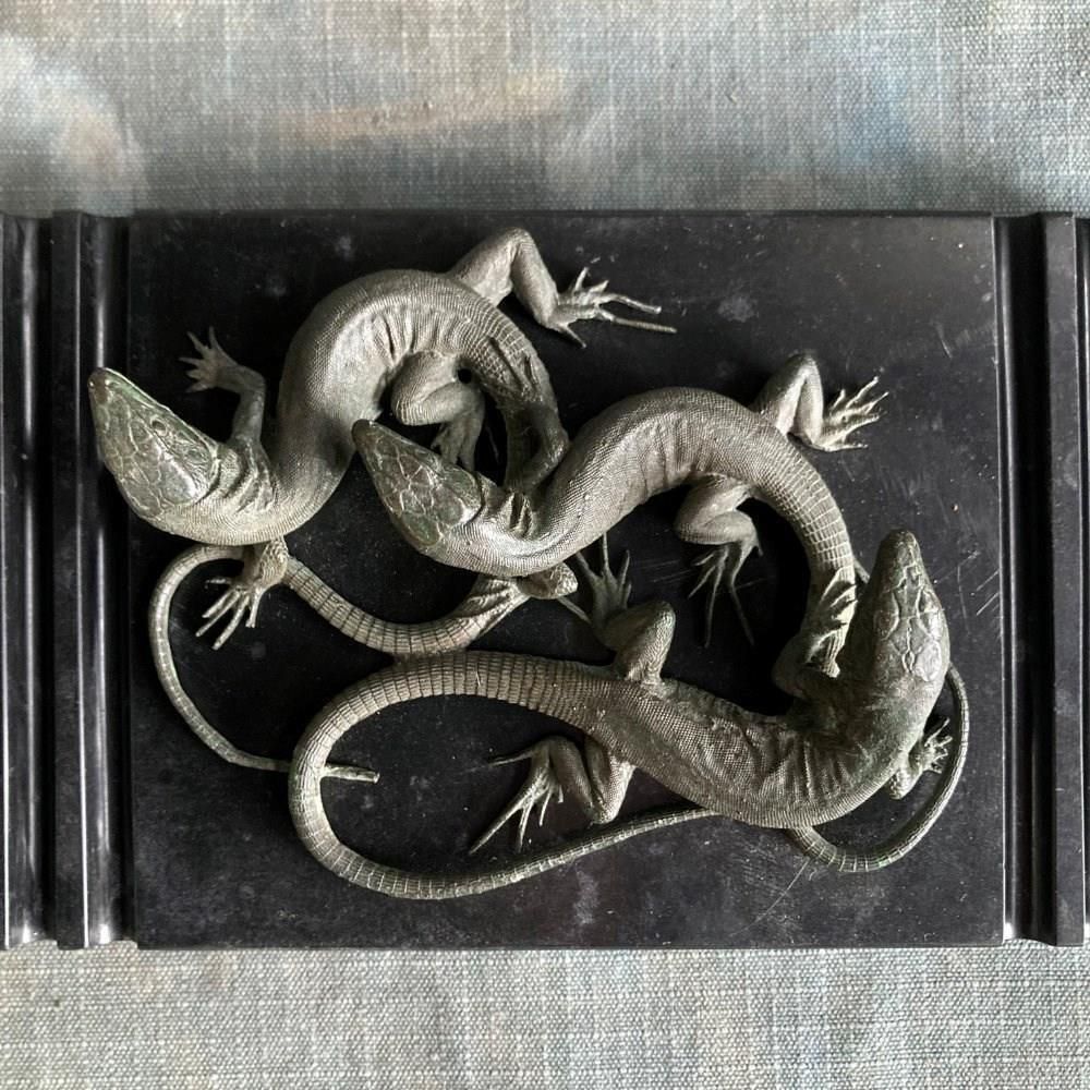 19th C. Bronze Lizards Marble Paperweight photo 295.0