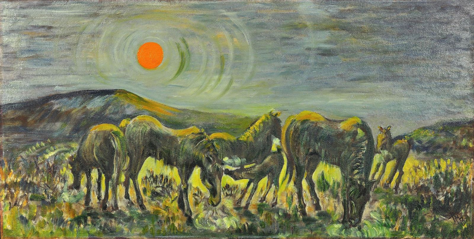 Hazel Barnett. Welsh Ponies Grazing Under A Warm Sun, Penlan, Swansea, Wales. 1967. Ingelijst midden 20e eeuws Modern British olieverfschilderij. photo furniture