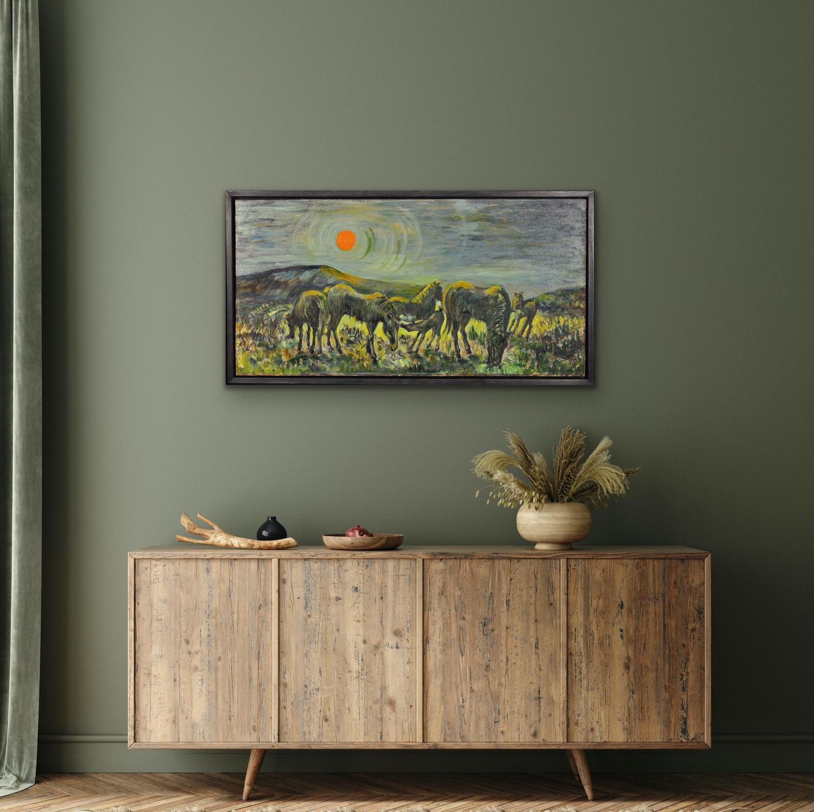 Hazel Barnett. Welsh Ponies Grazing Under A Warm Sun, Penlan, Swansea, Wales. 1967. Ingelijst midden 20e eeuws Modern British olieverfschilderij. photo vinterior