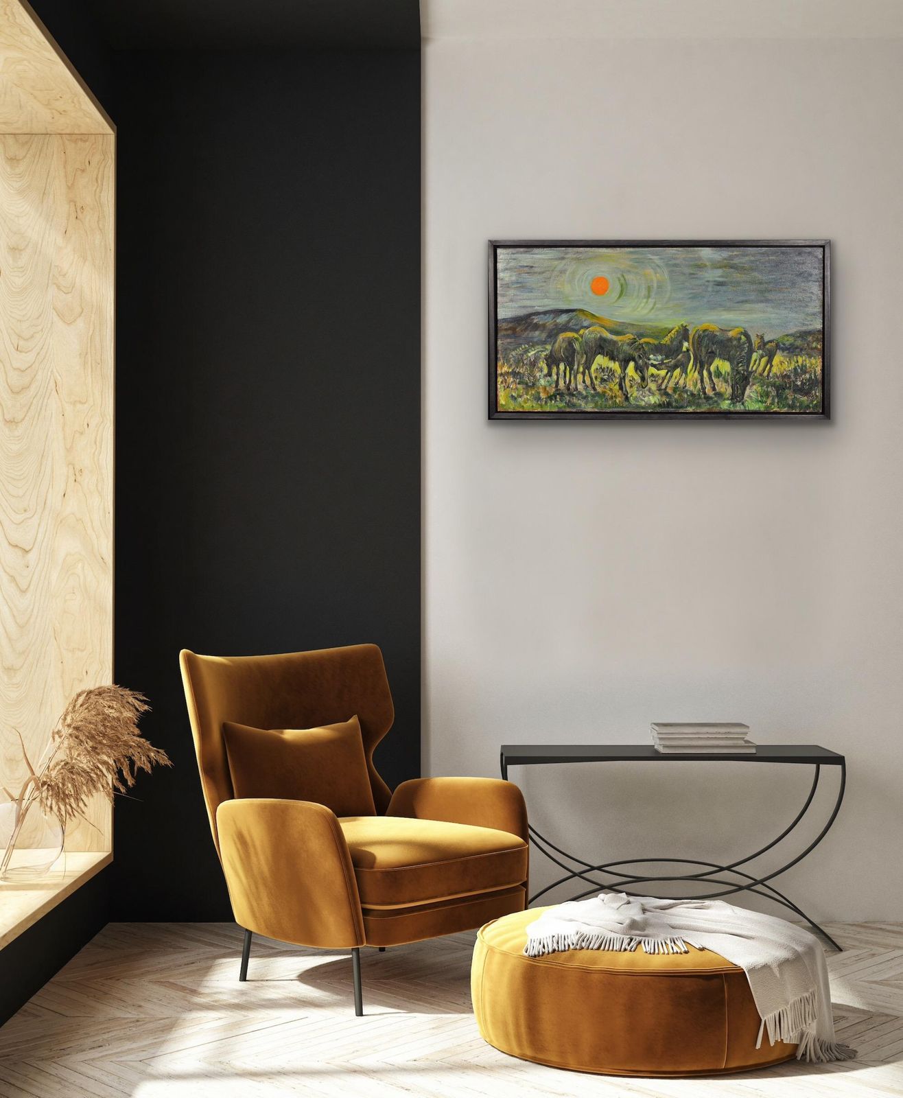 photo furniture Hazel Barnett. Welsh Ponies Grazing Under A Warm Sun, Penlan, Swansea, Wales. 1967. Peinture à l'huile britannique moderne encadrée, mid-century, milieu du XXe siècle.