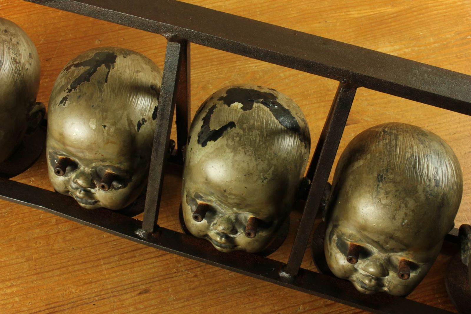 Art Set Of 5 Vintage Doll Head Factory Moulds In Frame. Freaky Macabre Curio. photo