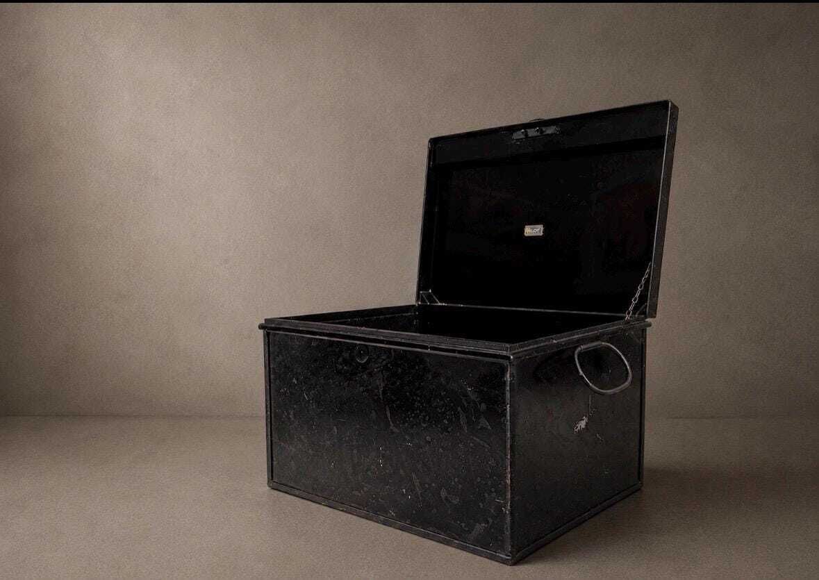 photo for sale Vintage Industrial Black Metal Storage Tin Rustic Utility Box