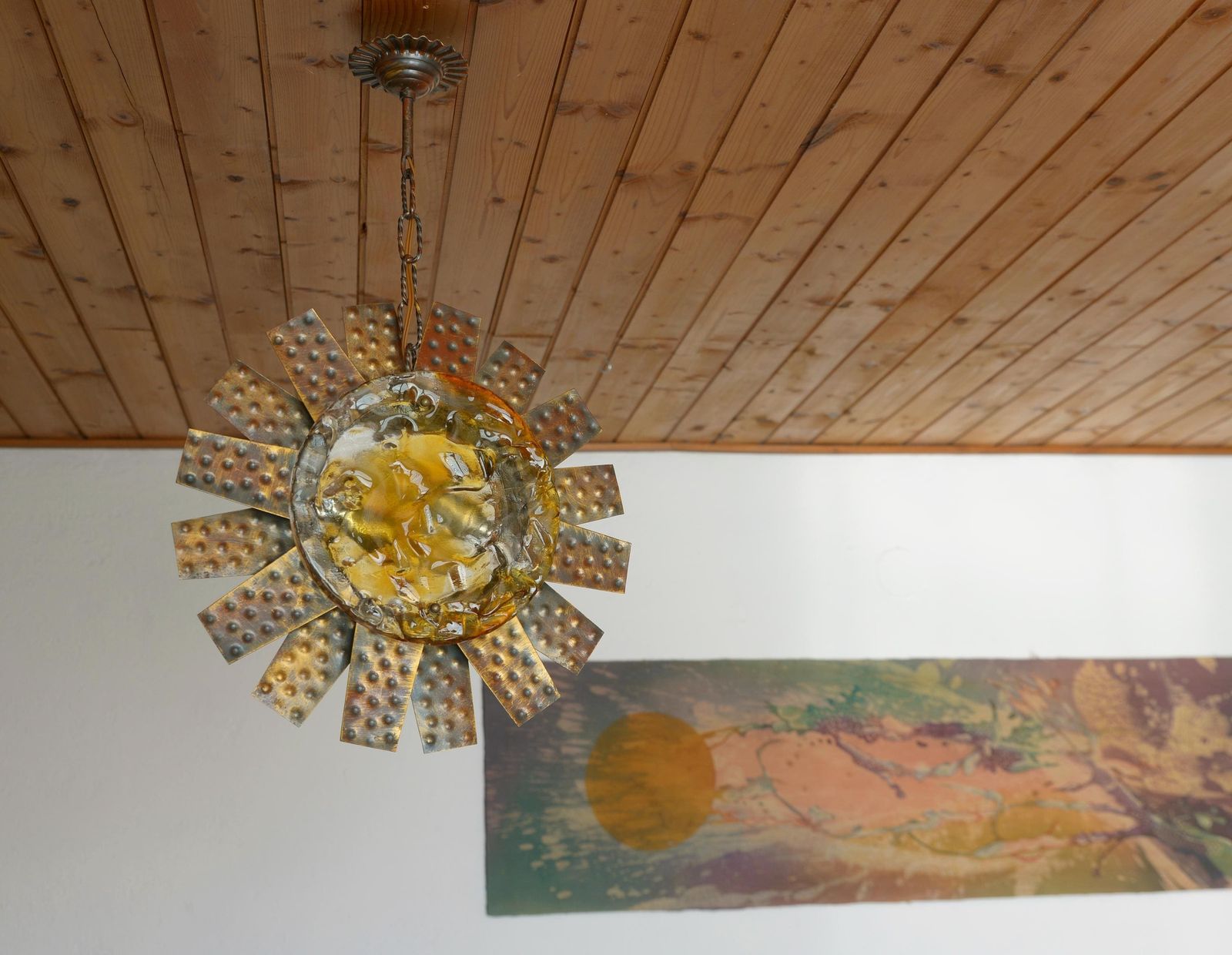 Vintage Italian Murano Style Pendant Light 1970s / Brutalist Sunburst Copper Hanging Lamp photo for sale