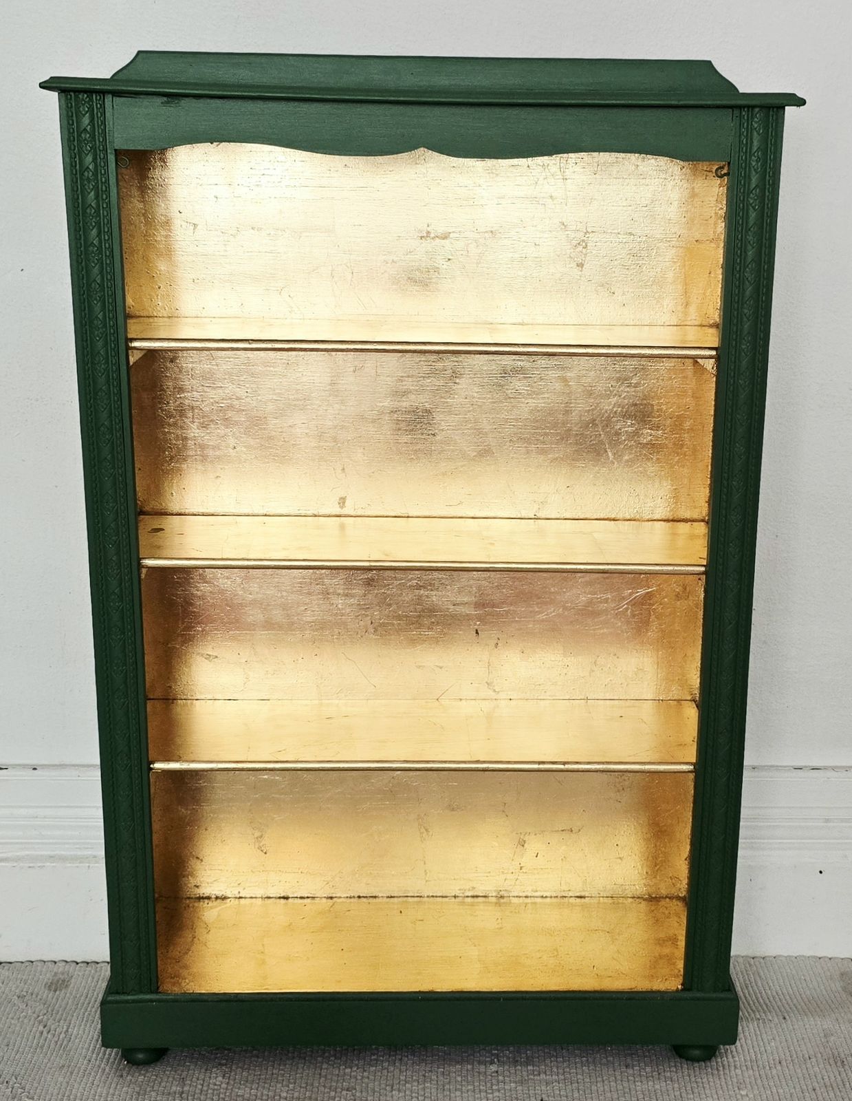 Antique Oak Painted Bookcase, Green And Gold Leaf. photo for sale