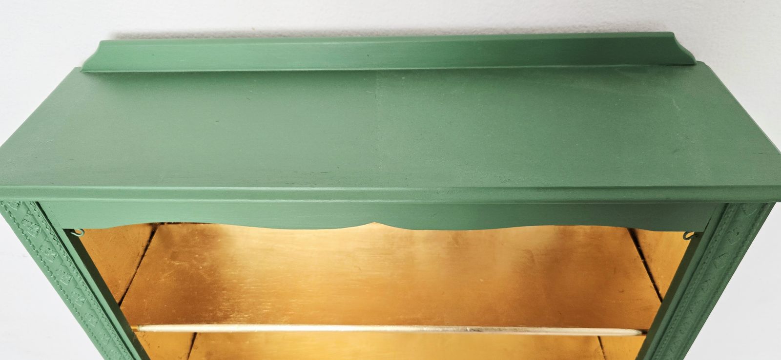 Antique Oak Painted Bookcase, Green And Gold Leaf. photo vintage